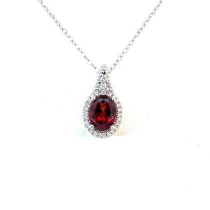 14K White Gold Pendant with Oval Garnet 1.53 Carat and 27 Round White Diamond 0.11 Carat