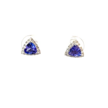 10K White Gold Stud Earrings with Trillion cut Tanzanites TCW 0.80 Carat and 30 Round White Diamonds TDW 0.19 Carat