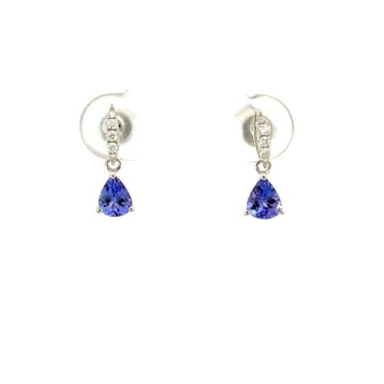 14K White Gold Stud Earrings with 2 Pear cut Tanzanites TCW 0.65 Carat and 10 Round White Diamonds TDW 0.06 Carat