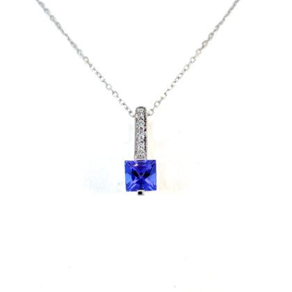 14K White Gold Pendant with Princess cut Tanzanite 0.71 Carat and 5 Round White Diamonds TDW 0.03 Carat