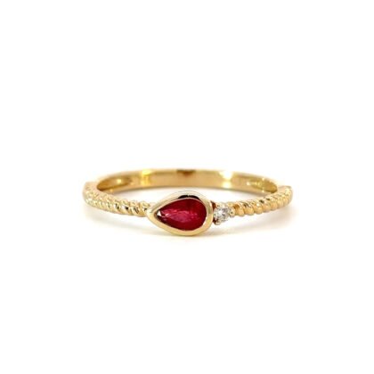 14K Yellow Gold Twisted Ring with Pear cut Ruby 0.23 Carat and Round White Diamond 0.02 Carat