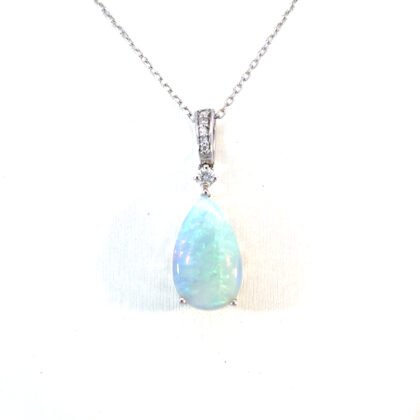 10K White Gold Pendant with Pear shaped Australian Opal 1.89 Carat and 6 Round White Diamonds TDW 0.06 Carat