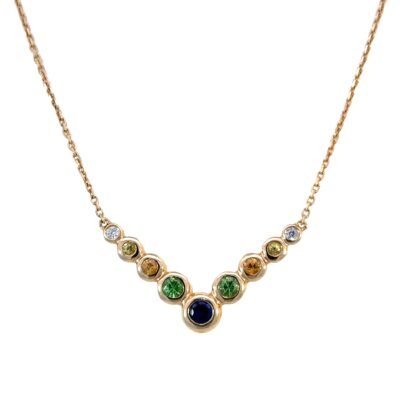 14K Yellow Gold Necklace with Round Multi-colured gemstones