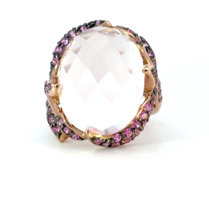 10K Rose Gold Ring with Rose Quartz 11.66 Carat and 50 Round Pink Sapphires TCW 0.86 Carat