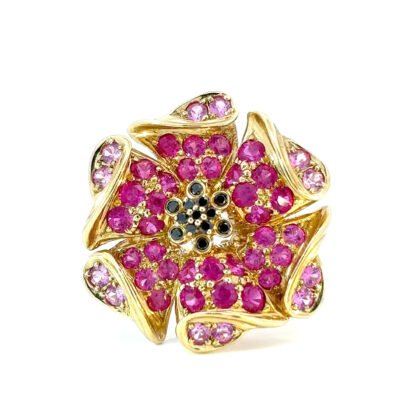 10K Yellow Gold Ring with 13 Round Black Diamonds TDW 0.10 Carat 12 Round Pink Sapphires 0.54 Carat and 33 Round Rubies 2.17 Carat