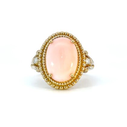 10K Yellow Gold Ring with Oval shaped Pink Opal 4.75 Carat and 2 Round White Diamonds TDW 0.07 Carat