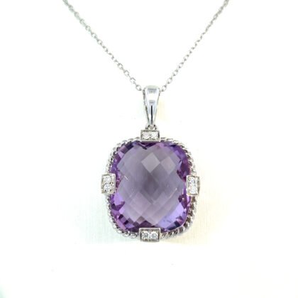 14K White Gold Pendant with Pink Amethyst 11.44 Carat and 8 Round White Diamonds TDW 0.08 Carat