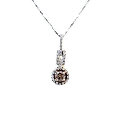 14K White Gold Pendant with Round Brown Diamond 0.21 Carat and 35 Round White Diamonds TDW 0.15 Carat