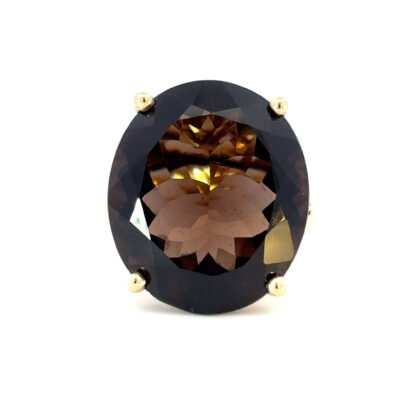 14K Yellow Gold Ring with Oval Smoky Quartz 12.33 Carat and 2 Round Pink Sapphires 0.09