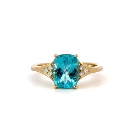10K Yellow Gold Ring with Elongated cushion cut Apatite 2.14 Carat and 6 Round White Diamonds TDW 0.08 Carat