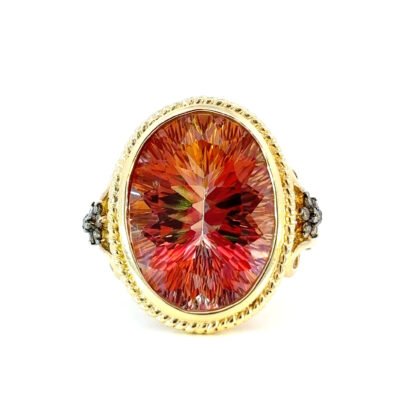 14K Yellow Gold Ring with Oval Azotic Topaz 15.3 Carat and 14 Round Brown Diamonds TDW 0.12 Carat