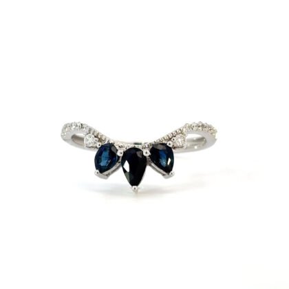 14K White Gold Ring with 3 Pear cut Blue Sapphires TCW 0.6 Carat and 14 Round White Diamonds TDW 0.12 Carat
