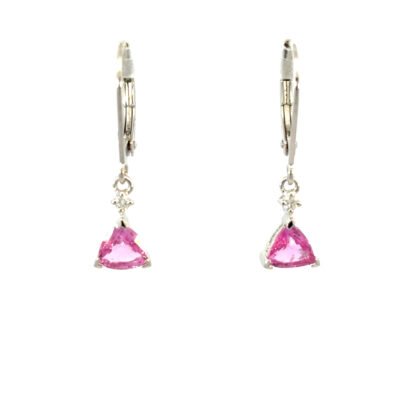 14K White Gold Drop Earrings with 2 Trillion cut Pink Sapphires TCW 1.32 Carat and 2 Round White Diamonds TDW 0.03 Carat