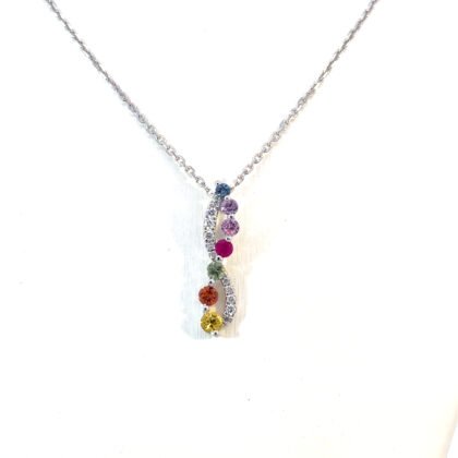 14K White Gold Necklace with 7 Round Multi-colured Sapphires TCW 0.35 Carat and 11 Round White Diamonds TDW 0.05 Carat