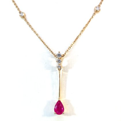 14K Yellow Gold Necklace with Pear cut Ruby 0.45 Carat and 5 Round White Diamonds TDW 0.12 Carat