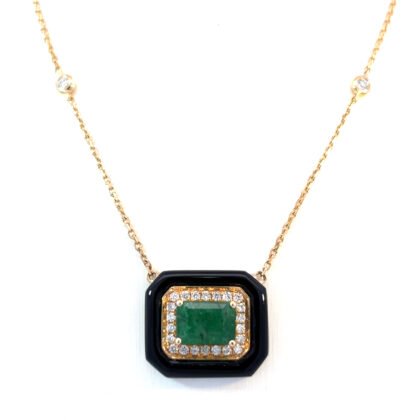 14K Yellow Gold Necklace with Emerald 0.99 Carat Onyx 2.17 Carat and 24 Round White Diamonds TDW 0.17 Carat
