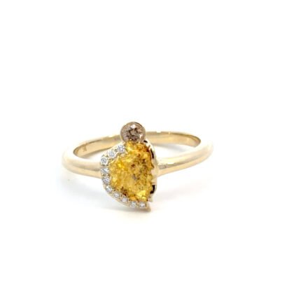 9K Yellow Gold Ring with Australian Nugget 0.48g Round Brown Diamond 0.07 Carat and 10 Round White Diamonds TDW 0.05 Carat