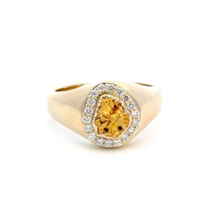 9K Yellow Gold Ring with Australian Nugget 0.62g and 18 Round White Diamonds TDW 0.25 Carat