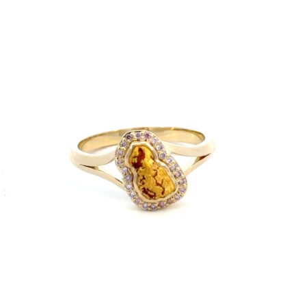 9K Yellow Gold Ring with Australian Nugget 0.43g and 24 Round Argyle Pink Diamonds TDW 0.09 Carat