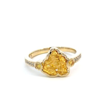 9K Yellow Gold Ring with Australian Nugget 0.9g 2 Round Yellow Diamonds TDW 0.13 Carat and 10 Round White Diamonds TDW 0.07 Carat