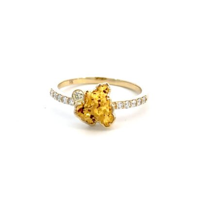 9K Yellow Gold Ring with Australian Nugget 0.77g, Round Yellow Diamond 0.04 Carat and 10 Round White Diamonds TDW 0.14 Carat