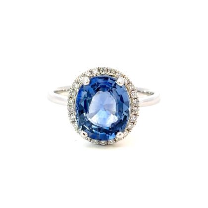 18K WG Ring Ceylon Sap 4.62ct DI 0.20ct GH/SI Size O