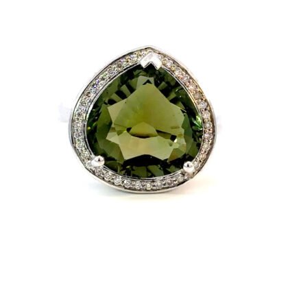 9K WG Ring Green Tourmaline 9.02ct DI 0.19ct H/SI Size O