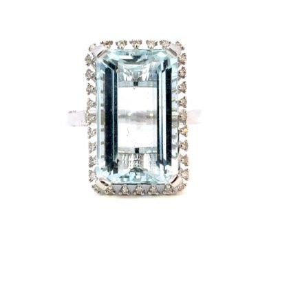 9K WG Ring Aquamarine 15.38ct DI 0.21ct H/SI Size U
