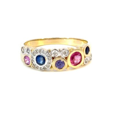 9K YG Ring Color Sap 0.75ct DI 0.11ct H/SI Size O
