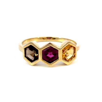 9K YG Ring Semi Precious Stones 1.87ct Hexagon Size O