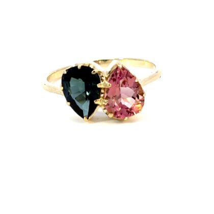 9K YG Ring Pink Tourmaline 1.11ct Green Tourmaline 1.09ct Size O
